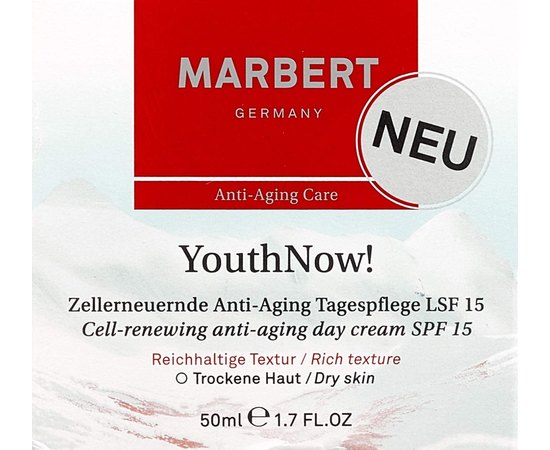 Крем антивозрастной дневной Marbert YouthNow Cell-Renewing Anti-Aging Day Cream SPF 15 For Dry Skin, 50 ml, изображение 2