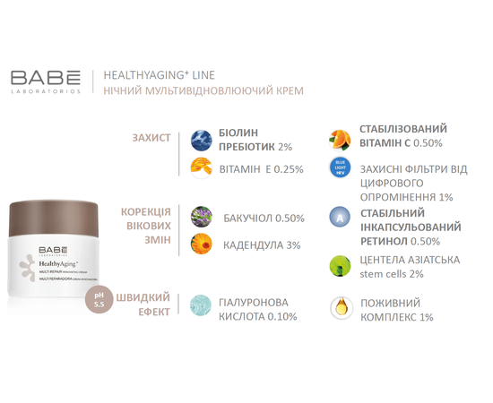 Ночной мультивосстанавливающий крем с антивозрастным комплексом Babe Laboratorios Healthy Aging Multi Repair Renovating Cream, 50 ml, изображение 5