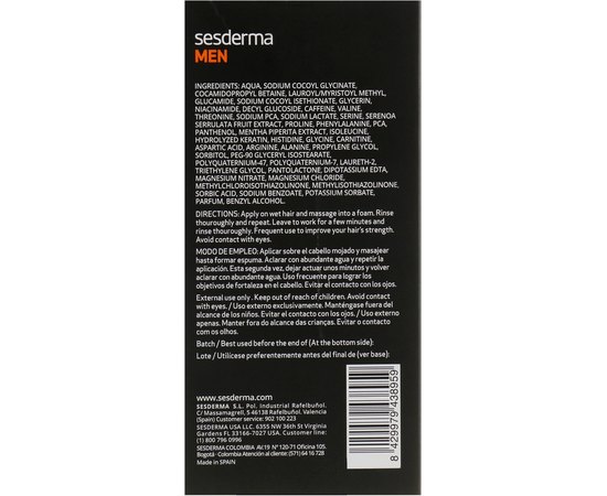 Восстанавливающий шампунь против выпадения волос Sesderma Men Revitalizing Anti-hair Loss Shampoo, 200 ml, изображение 4