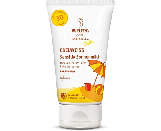 Weleda Sun Edelweiss Sensitiv Sonnenmilch SPF30 Едельвейс сонцезахисний молочко для чутливої шкіри, 150 мл, фото 