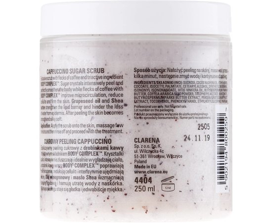 Сахарный скраб с частицами кофе Clarena Body Slim Cappuccino Slim Sugar Peeling, 250 ml, изображение 4