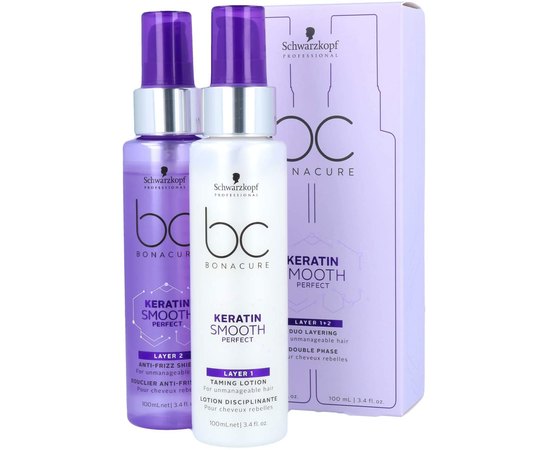 Двухступенчатый крем-уход с термозащитой волос Schwarzkopf Professional Bonacure Keratin Smooth Duo-Layering, 2x100 ml, изображение 2