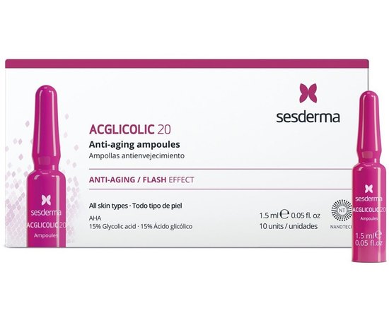 Ампули з гліколевою кислотою проти старіння Sesderma Acglicolic 20 Anti-Aging Flash Effect Ampoules, 10 х 1,5 ml, фото 