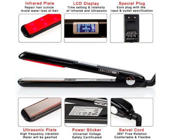 Инфракрасный ультразвуковой утюжок для восстановления и лечения волос черный, изображение 4