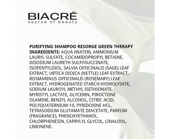 Очищающий шампунь Пурифинг для жирной кожи головы и от перхоти Biacre Resorge Green Therapy Purifying Shampoo, 250 ml, изображение 3