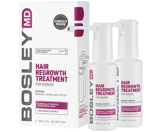 Спрей с миноксидилом 2% для восстановления роста волос у женщин Bosley Hair Regrowth Treatment For Women Minoxidil 2% Topical Solution Sprayer, 2x60 ml
