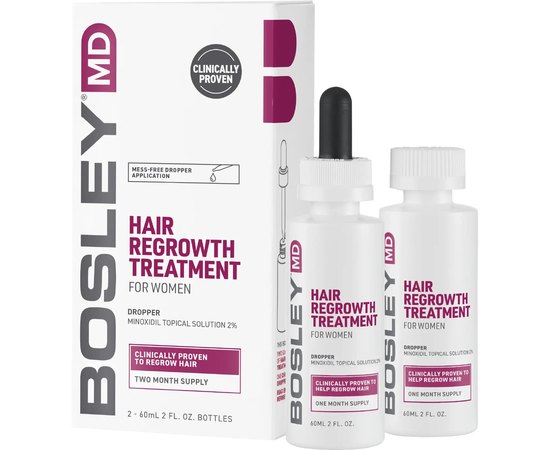 Раствор с миноксидилом 2% для восстановления роста волос у женщин Bosley Hair Regrowth Treatment Minoxidil 2% Topical Solution, 2x60 ml