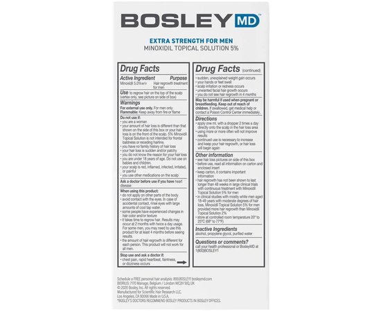 Раствор с миноксидилом 5% для восстановления роста волос у мужчин Bosley Hair Regrowth Treatment Minoxidil 5% Topical Solution, 2x60 ml, изображение 7