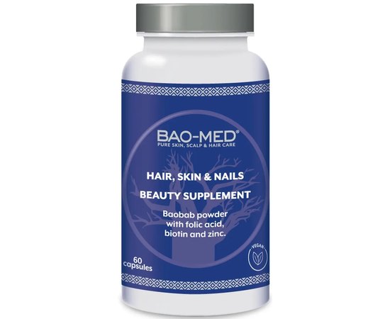 Біологічно активна добавка для покращення стану волосся, шкіри та нігтів Mediceuticals Bao-Med Food Supplement Hair Skin & Nails, 60 caps, фото 