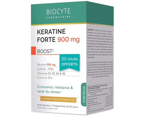 Добавка дієтична для росту волосся Biocyte Keratine Forte 900 mg Boost Pac, 120 caps, фото 