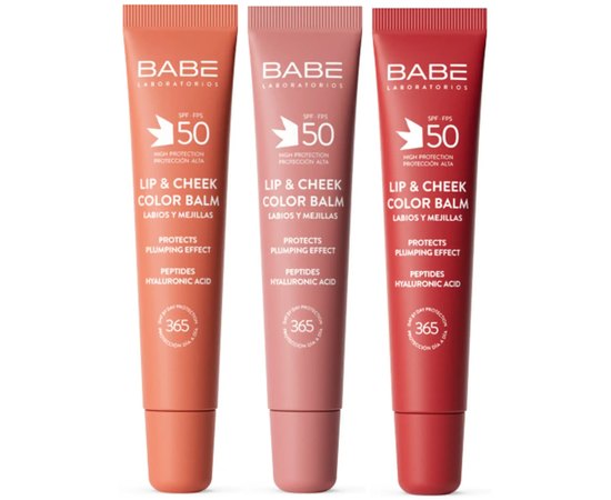Бальзам-тинт для губ и щек с гиалуроновой кислотой и пептидами Babe Laboratorios Lip & Cheek Color Balm SPF50, 20 ml