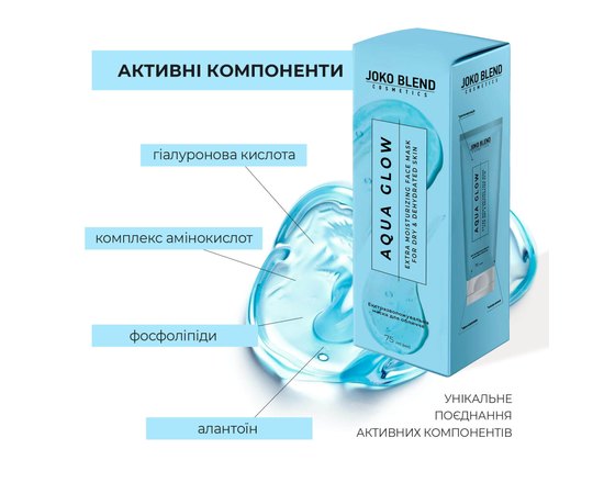Экстраувлажняющая маска для лица с гиалуроновой кислотой Joko Blend Aqua Glow Face Mask, 75 ml, изображение 3 Экстраувлажняющая маска для лица с гиалуроновой кислотой Joko Blend Aqua Glow Face Mask, 75 ml, изображение 3