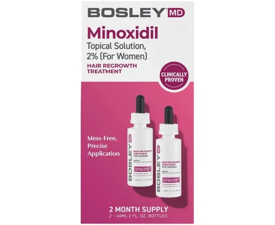 Раствор с миноксидилом 2% для восстановления роста волос у женщин Bosley Hair Regrowth Treatment Minoxidil 2% Topical Solution, 2x60 ml
